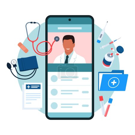 Téléchargez les illustrations : Médecin en ligne et application de consultation médicale sur smartphone, isolé - en licence libre de droit