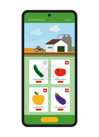 Téléchargez les illustrations : Acheter des légumes directement auprès des agriculteurs locaux, application en ligne sur l'écran du smartphone - en licence libre de droit