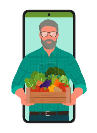 Ilustración de Comprar verduras directamente de los agricultores locales: hombre sosteniendo una caja llena de verduras orgánicas en una pantalla de teléfono inteligente - Imagen libre de derechos