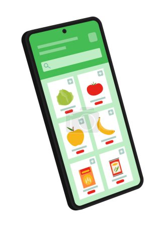 Illustration for Online grocery shopping app on smartphone: assorted items displayed and search bar - Royalty Free Image