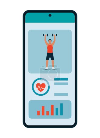Ilustración de Rastreador de aplicaciones de deporte y fitness en smartphone: entrenamiento y concepto de ejercicio físico - Imagen libre de derechos