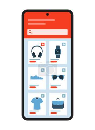 Téléchargez les illustrations : App shopping en ligne sur smartphone : acheter des produits en ligne - en licence libre de droit
