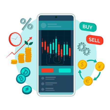 Ilustración de Aplicación de comercio y finanzas en el teléfono inteligente rodeado de elementos financieros, aislado - Imagen libre de derechos