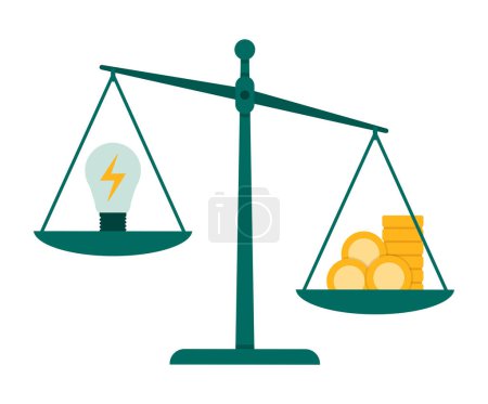 Ilustración de El costo del concepto de energía: balanza con lámpara eléctrica en una placa y dinero en efectivo en el otro lado - Imagen libre de derechos