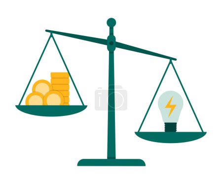 Illustration for The cost of energy concept: weighing scale with electric lamp on one plate and cash money on the other side - Royalty Free Image