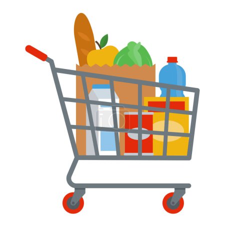 Ilustración de Carro de la compra del supermercado lleno de alimentos, venta al por menor y concepto de venta - Imagen libre de derechos