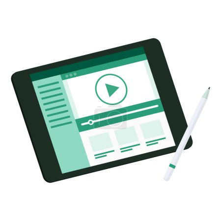 Illustration for Video player on digital tablet and stylus isolated icon - Royalty Free Image