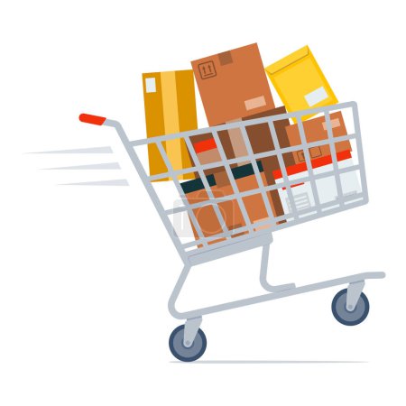 Ilustración de Carro de compras rápido lleno de cajas de entrega y paquetes, concepto de compras en línea - Imagen libre de derechos