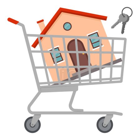 Illustration for House and house keys in a shopping cart, real estate concept - Royalty Free Image