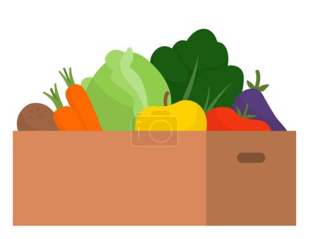 Téléchargez les illustrations : Boîte en carton pleine de légumes frais, épicerie et concept de livraison à domicile - en licence libre de droit