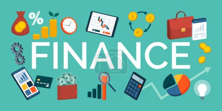 Illustration for Finance word surrounded by financial items: business and investments concept - Royalty Free Image