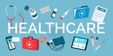 Ilustración de Texto sanitario rodeado de equipos médicos: asistencia y concepto - Imagen libre de derechos