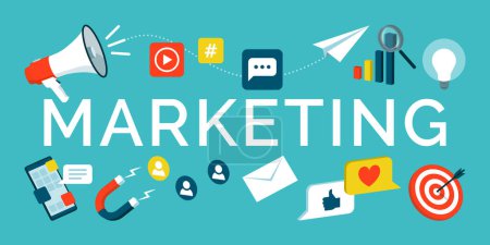 Tekst marketingowy otoczony ikonami: koncepcja promocji, komunikacji i mediów społecznościowych
