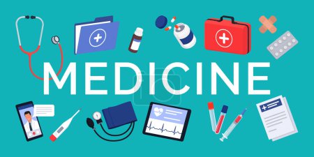 Ilustración de Texto de la medicina rodeado de equipos médicos: asistencia y concepto de salud - Imagen libre de derechos