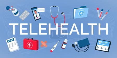 Illustration for Telehealth text surrounded by medical equipment: online doctor and telemedicine concept - Royalty Free Image