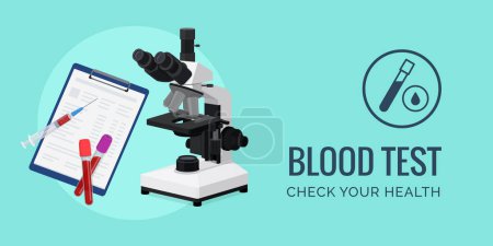Illustration for Blood test and diagnosis: microscope, blood samples and medical records, banner with copy space - Royalty Free Image