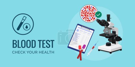 Illustration for Blood test and diagnosis: microscope, blood samples and medical records, banner with copy space - Royalty Free Image