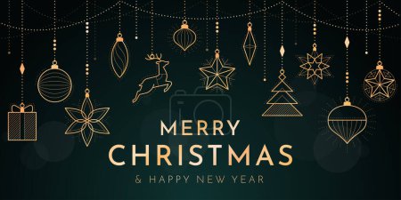 Illustration for Merry Christmas and Happy New Year gold on black banner with hanging baubles and fancy lettering - Royalty Free Image