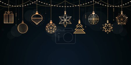 Téléchargez les illustrations : Bannière de Noël et Bonne Année avec décorations dorées - en licence libre de droit