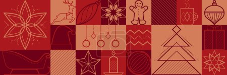 Téléchargez les illustrations : Noël et vacances fond vintage avec des décorations et des ornements icônes - en licence libre de droit