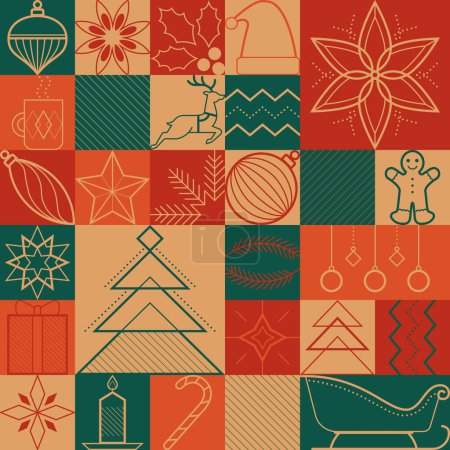 Téléchargez les illustrations : Noël et vacances d'hiver modèle sans couture avec des icônes de ligne graphique simple - en licence libre de droit