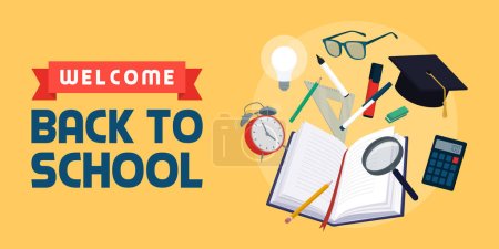 Illustration for Welcome back to school: book and assorted school supplies, learning and education concept, banner with copy space - Royalty Free Image