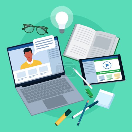 Illustration for Online learning and education concept: professon giving online classes on a laptop screen and accessories - Royalty Free Image