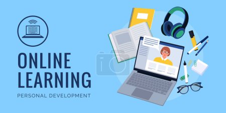 Illustration for Online learning: online course on a laptop and educational supplies; e-learning and adult learning concept - Royalty Free Image