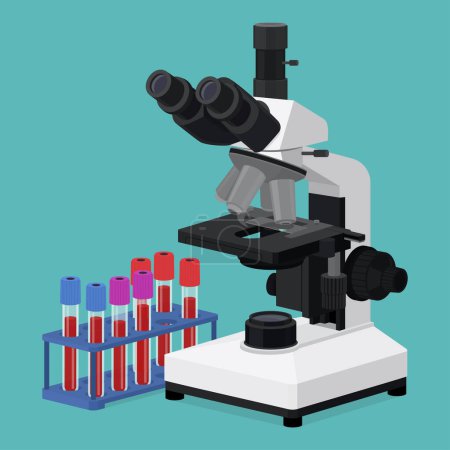 Illustration for Microscope and blood samples in a vials rack isolates, diagnosis and research concept - Royalty Free Image