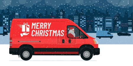 Téléchargez les illustrations : Père Noël conduisant une camionnette dans la rue de la ville et livrant des cadeaux, voeux de Noël - en licence libre de droit