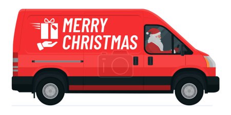 Illustration for Santa Claus driving a courier van and delivering gifts, Christmas wishes, isolated - Royalty Free Image
