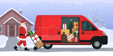 Téléchargez les illustrations : Père Noël livre des cadeaux de Noël, il charge les boîtes dans un van - en licence libre de droit