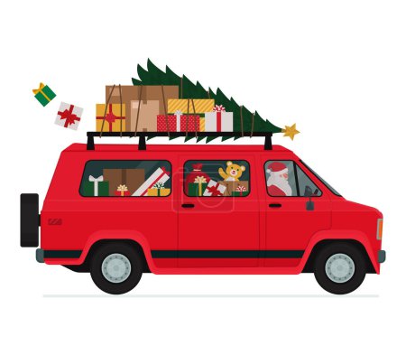 Téléchargez les illustrations : Voyageur Père Noël portant des cadeaux de Noël, il conduit un van, isolé - en licence libre de droit