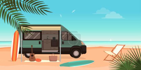 Van life: camping van on the beach and ocean landscape