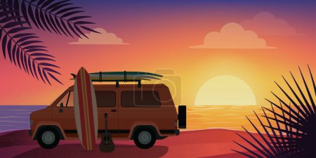 Ilustración de Vida en furgoneta: furgoneta y tabla de surf en la playa al atardecer - Imagen libre de derechos
