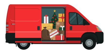 Téléchargez les illustrations : Fourgon rouge plein de cadeaux et de décorations de Noël, isolé - en licence libre de droit