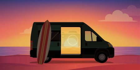 Ilustración de Vida en furgoneta: furgoneta y tabla de surf en la playa al atardecer - Imagen libre de derechos