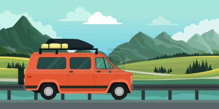Ilustración de Viajando fondo furgoneta y montañas: viaje y concepto de vida furgoneta - Imagen libre de derechos
