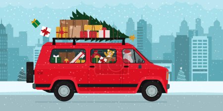 Téléchargez les illustrations : Père Noël conduisant une camionnette dans les rues de la ville et portant des cadeaux de Noël - en licence libre de droit