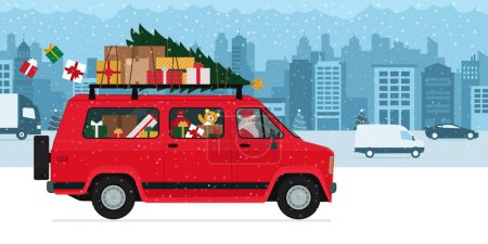 Téléchargez les illustrations : Père Noël conduisant une camionnette dans les rues de la ville et portant des cadeaux de Noël - en licence libre de droit