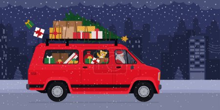 Illustration for Santa Claus driving a van in the city streets and carrying Christmas gifts - Royalty Free Image