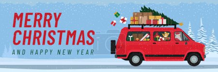 Téléchargez les illustrations : Père Noël conduisant un van et portant des cadeaux de Noël, bannière avec des souhaits - en licence libre de droit