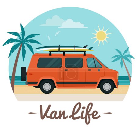 Téléchargez les illustrations : Van life : van avec planches de surf sur la plage, autocollant isolé - en licence libre de droit