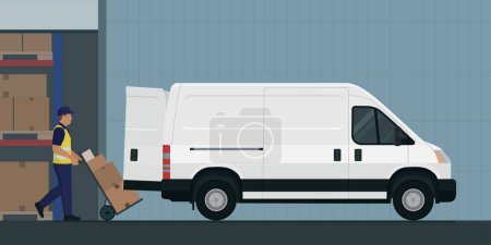 Ilustración de Hombre empujando un camión de mano y la carga de paquetes en una furgoneta en el almacén, mensajero y el concepto de entrega urgente, espacio de copia - Imagen libre de derechos