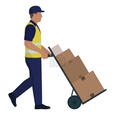 Illustration for Man pushing a loaded hand cart, warehouse worker, isolated - Royalty Free Image