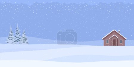 Illustration for Winter and Christmas background with snow falling, trees and wooden house, copy space - Royalty Free Image