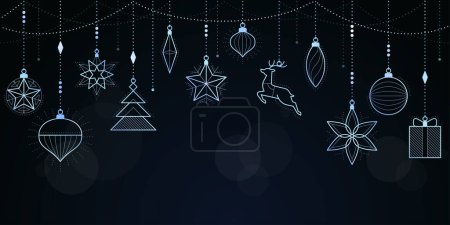 Téléchargez les illustrations : Bannière de Noël et bonne année avec pendaison décorations en argent de luxe, espace de copie - en licence libre de droit
