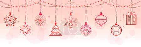 Illustration for Christmas and Happy New Year banner with hanging red decorations, copy space - Royalty Free Image