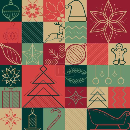 Téléchargez les illustrations : Noël et vacances d'hiver modèle sans couture avec des icônes de ligne graphique simple - en licence libre de droit