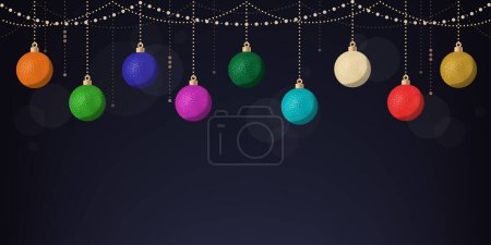 Téléchargez les illustrations : Boules de Noël et décorations dorées bannière avec espace de copie, concept de vacances - en licence libre de droit